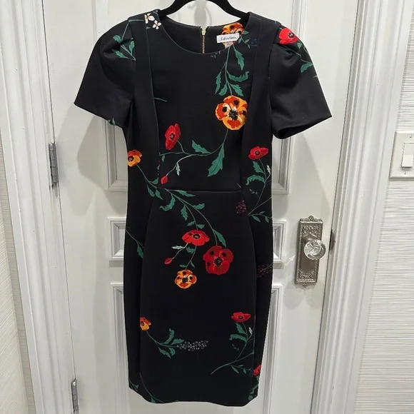 knee length dresses for ladies Calvin Klein Collection Midi Dress White/Gray Floral Print Silk Satin –  Celebrity Owned main image 1